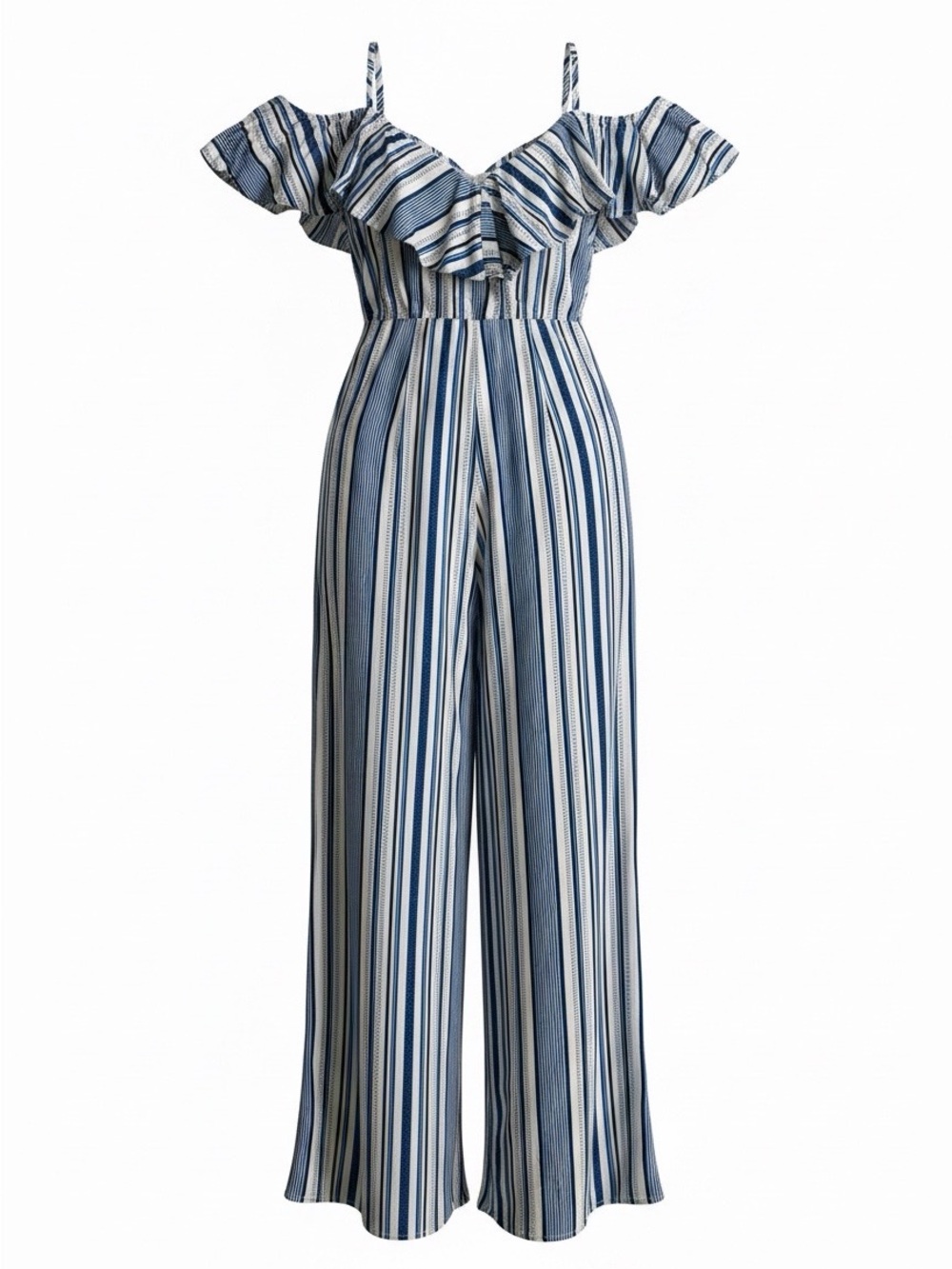 Flying Tomato Blue & White Striped Off-Shoulder Jumpsuit